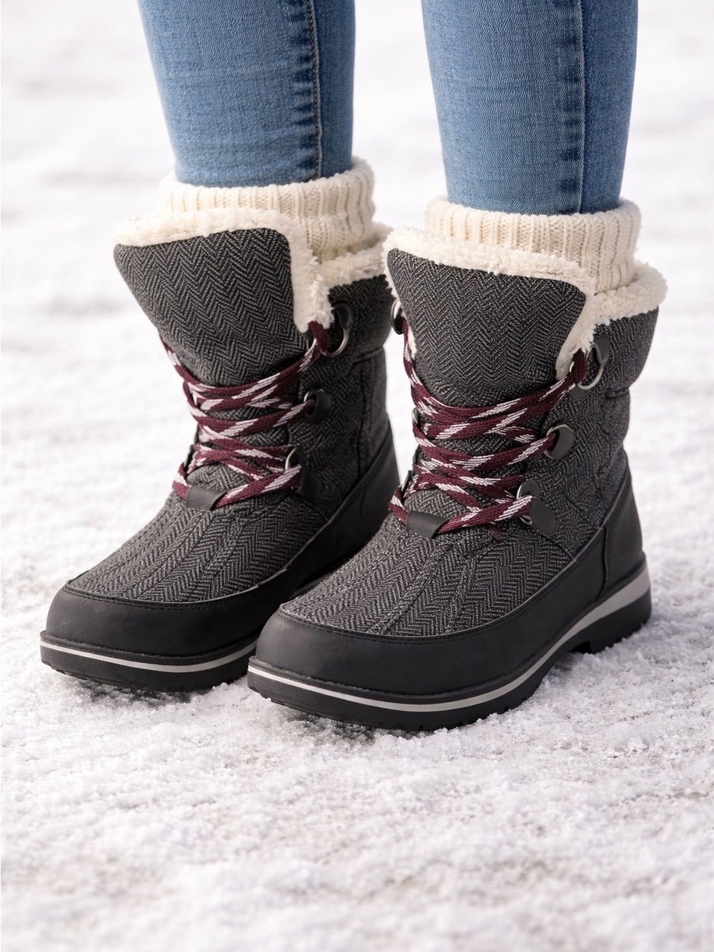 Magellan Outdoors Gray Herringbone Women’s Snow Boots with Burgundy Laces